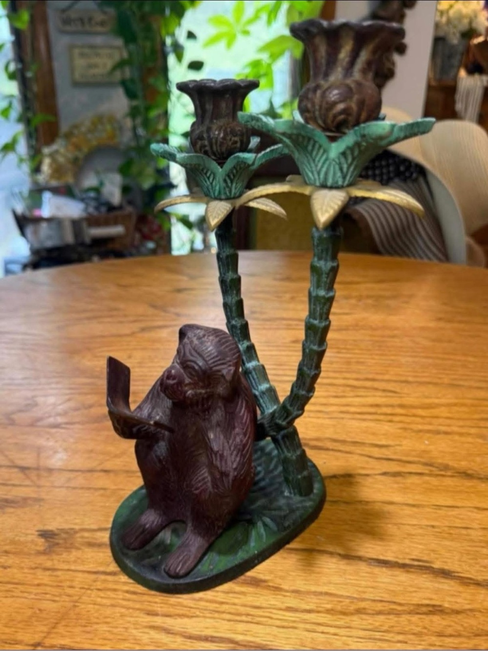 Vintage Cast Iron Monkey Double Candlestick Holder. EVC